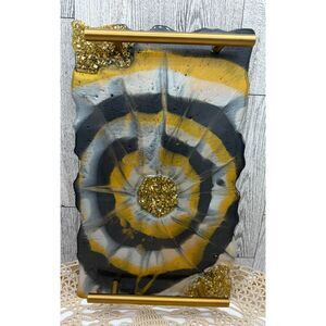 Geode Agate Slice Inspired Black Gold Resin Serving Vanity Tray
